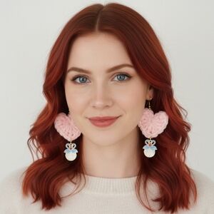 Handmade Pink Crochet Heart Earrings Flamingo Gold Blue Sustainable Jewelry 3"